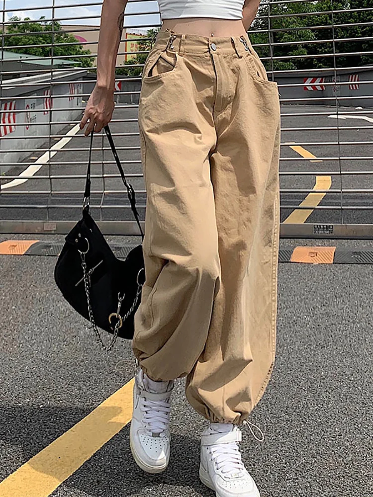 ALLNeon Y2K Fashion Khaki ponadgabarytowe spodnie Cargo styl hip-hopowy luźna regulowana talia ze ściąganym kapturem, długa spodnie Streetwear 90s