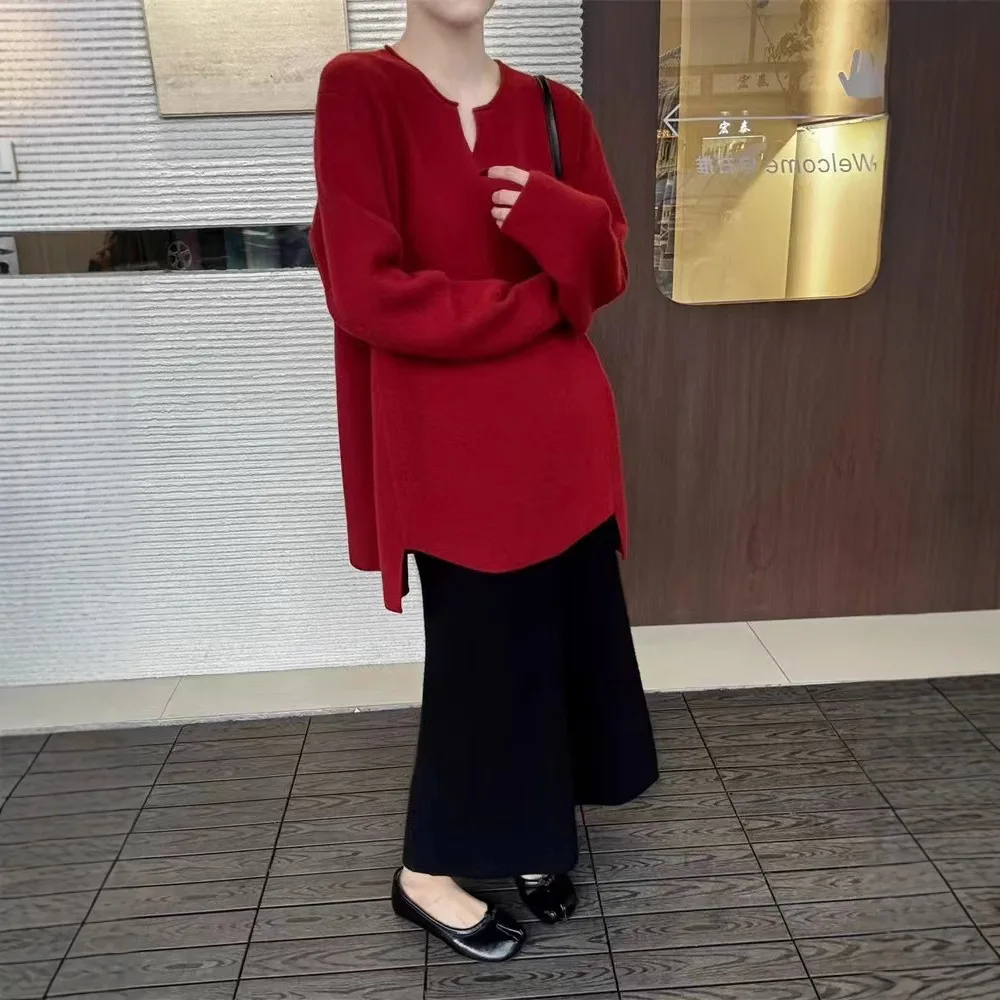 女性ニットプルオーバーセーター固体ジャンパー非対称 V ネック長袖わずかなストレッチルーズフィットカジュアル 2025 秋冬