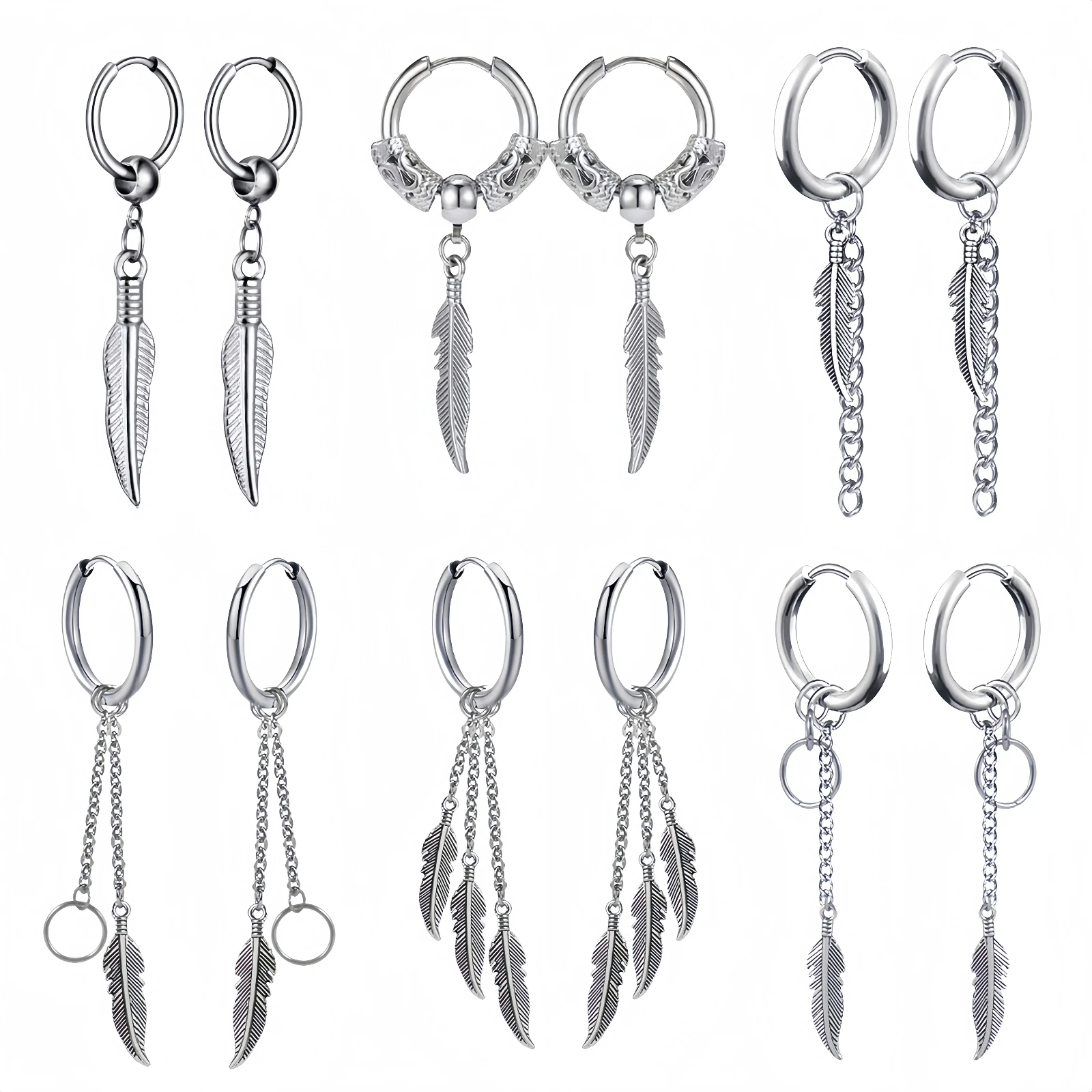 Pendientes de aro pequeños redondos de acero inoxidable Punk, cadena larga de plumas y hojas, joyería de regalo para hombre, mujer y adolescente, accesorios Y2k, 1 par