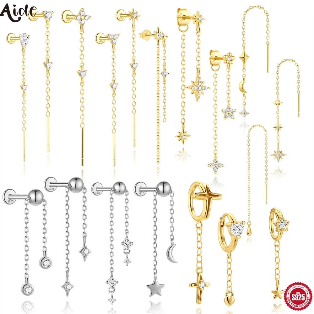 Aide-pendientes de gota con borlas de cadena larga para mujer, de Plata de Ley 925, con perforación de estrella de circón de cristal, joya de regalo