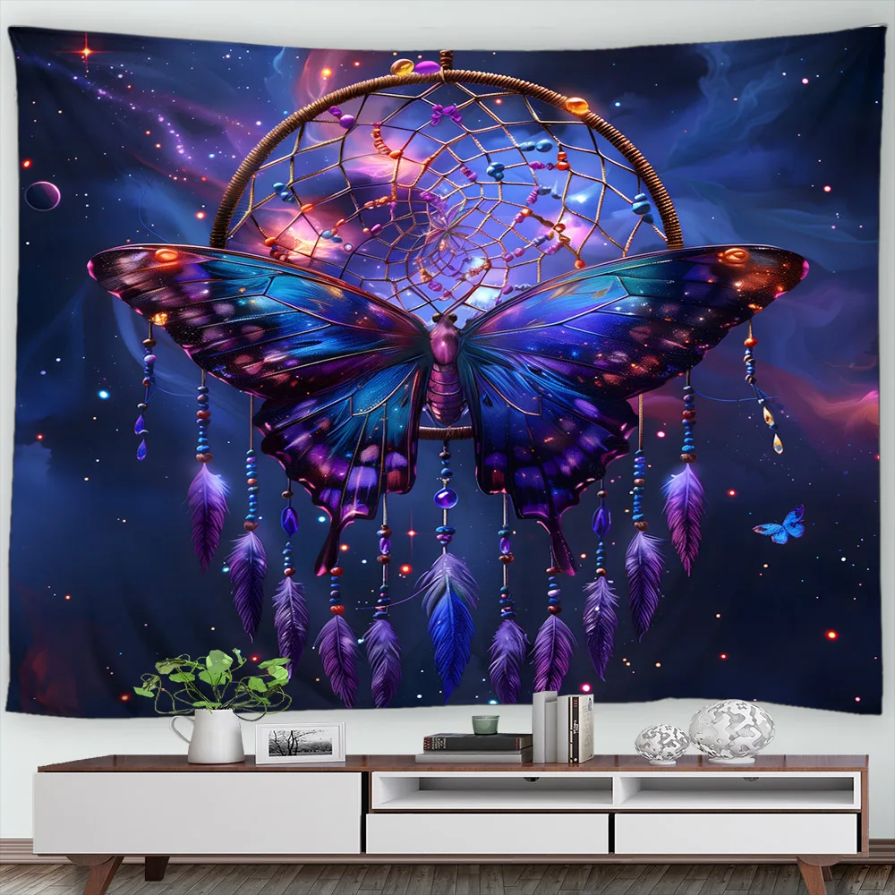 Butterfly Tapestry Moth Dragonfly Fantasy Floral Vintage Bedroom Living Room Wall Hanging Decor Pink Black Tapestry
