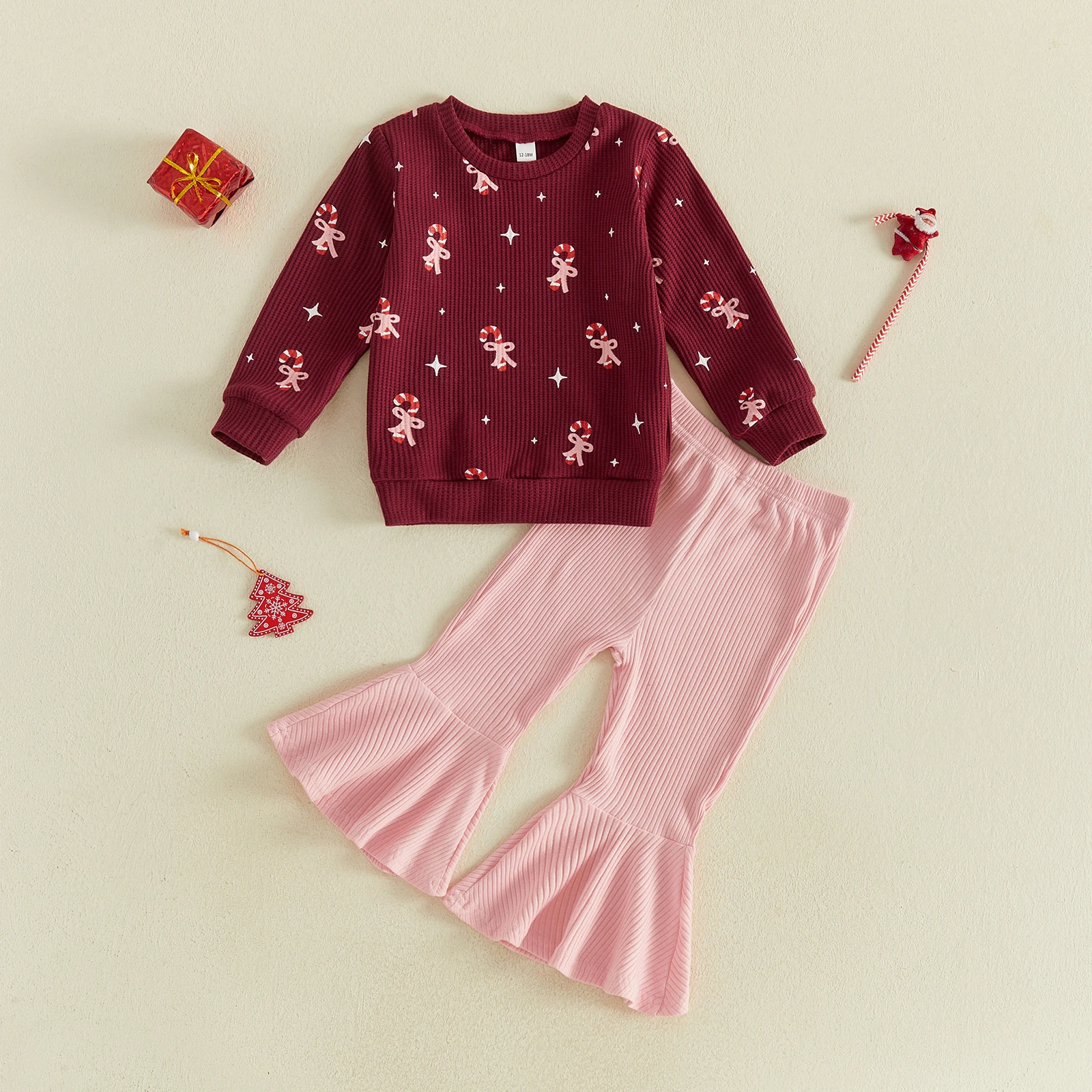 Tregren 1-5Years Toddler Baby Girl Christmas Outfit Ribbed Long Sleeve Sweatshirt and Long Pants 2Pcs Sets Fashion Clothes