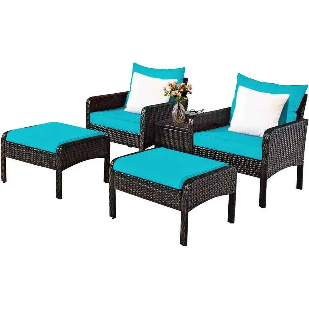 2-Person Turquoise Wicker Patio Furniture Set with Cushioned Sofas and Ottoman for Outdoor Use
