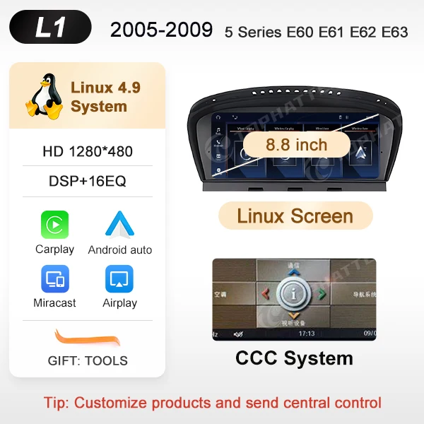 8,8 inch draadloze CarPlay Android Auto multimediasysteem Linux speler display voor BMW 5 Serie E60 E61 E62 E63 CCC CIC touchscreen