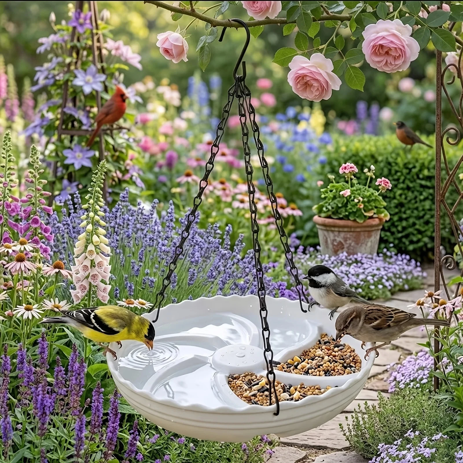 Hängender Vogelfuttertrog für den Balkon und Garten, Leicht zu Reinigender Hängeschalen-Terrassen-Vogelfuttertrog – Detail 3