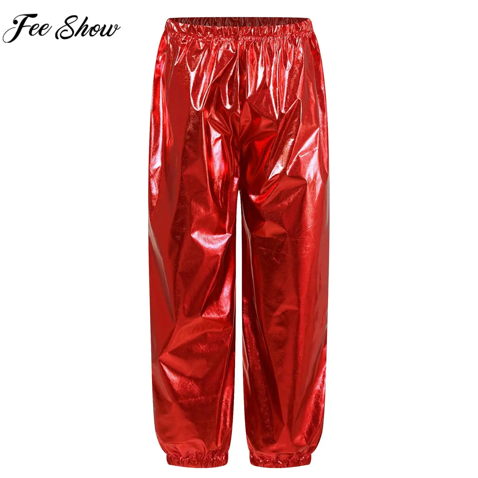 Children Jazz Dance Cheerleading Jogger Pants Metallic Shiny Mid Waist Trousers School Show Birthday Party Performance Dancewear