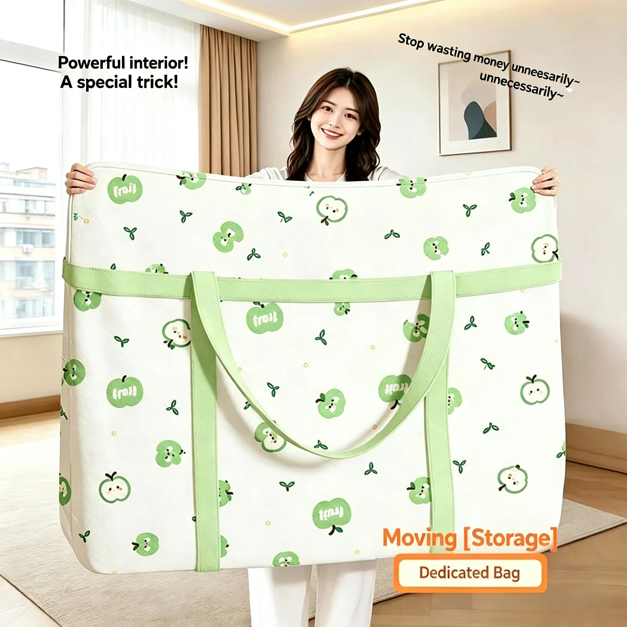 Cute Green Apple Print Moving Storage Bag, Large Capacity Zipper Clothes Quilt Organizer, Reinforced Handles Portable Tote Bag
