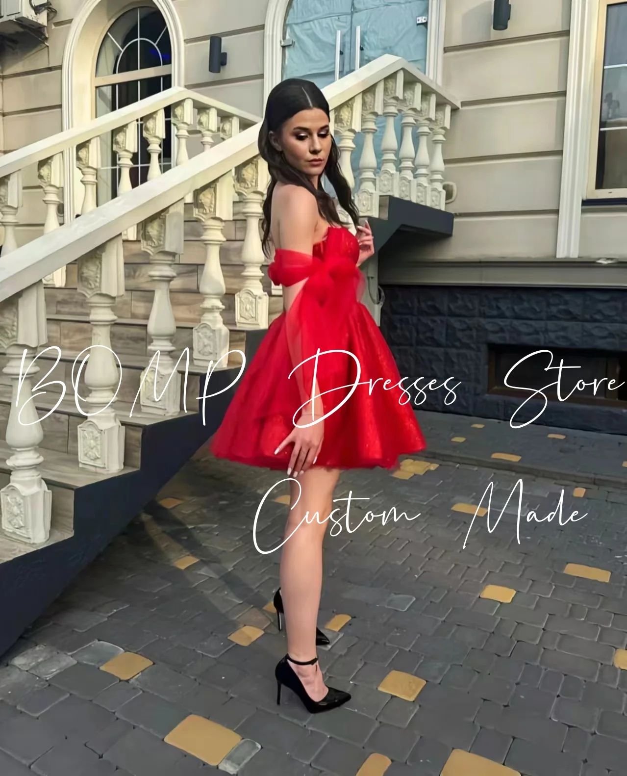 Elegancka, błyszcząca czerwona sukienka na przyjęcie, z odkrytymi ramionami, kokardami, drapowana, w kształcie litery A, mini, na specjalną okazję, urodziny, studniówkę, szyta na miarę.