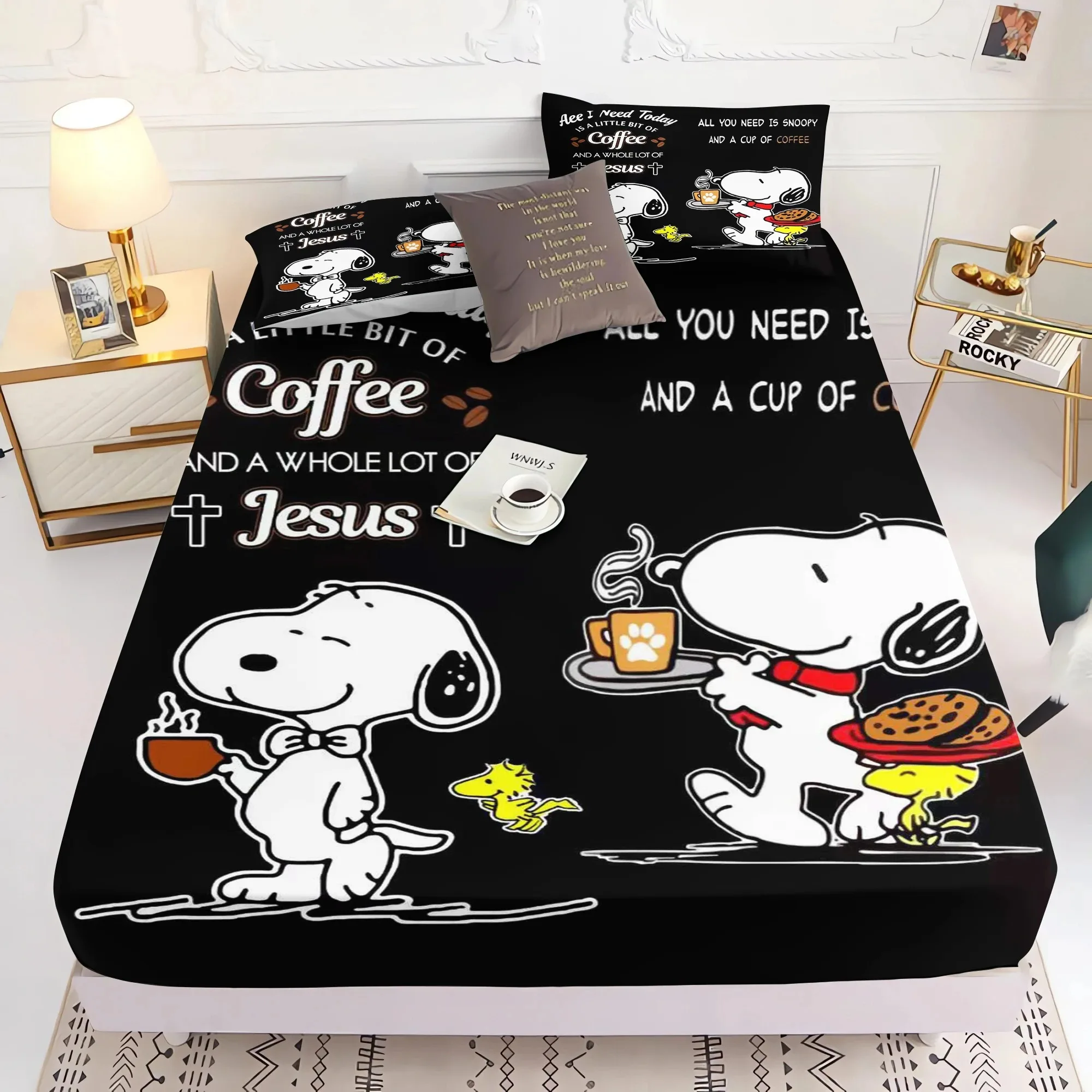 

Cartoon Snoopy Bed Sheets Boy Girls Bedding Flex Bedspreads Home Bedroom Decoration, Cute Print Fitted Sheets with Pillowcases