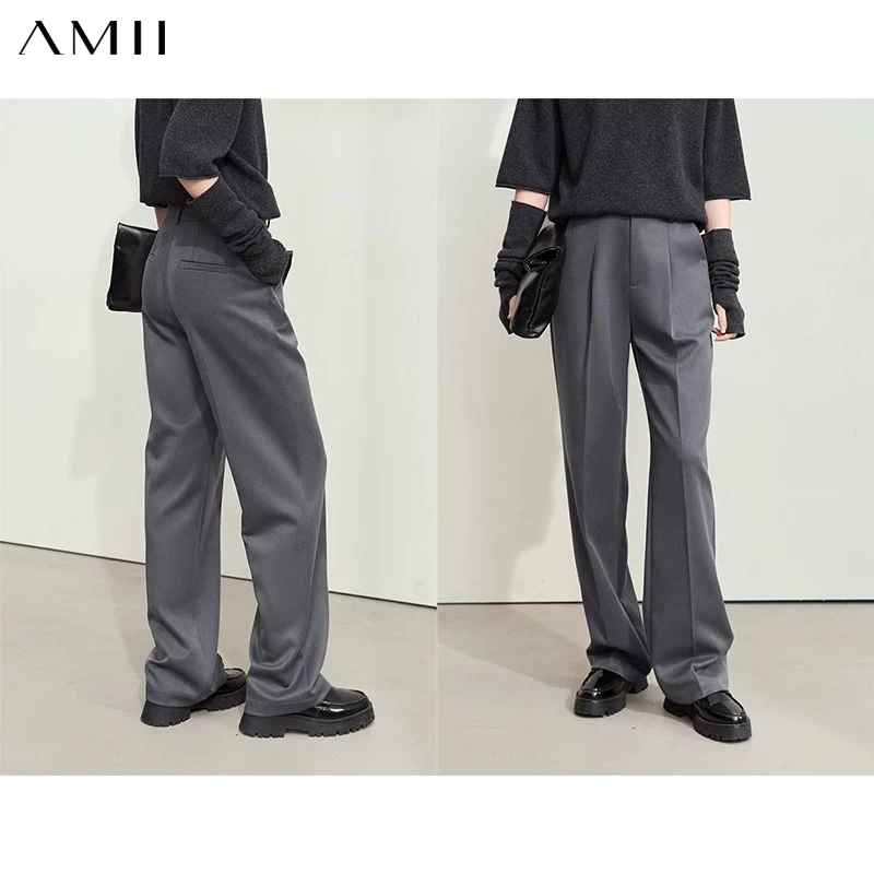 AMII Minimalist Women's Commuter Straight Pants 2026 Winter Classic Black Twill Fabric Loose Casual Suit Pants Female 12424031