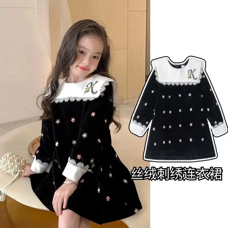 With Children's Autumn And Winter Doll Collar Girls Dress Velvet Black And White 2026 New Embroidered Autumn Long Sleeved Dress