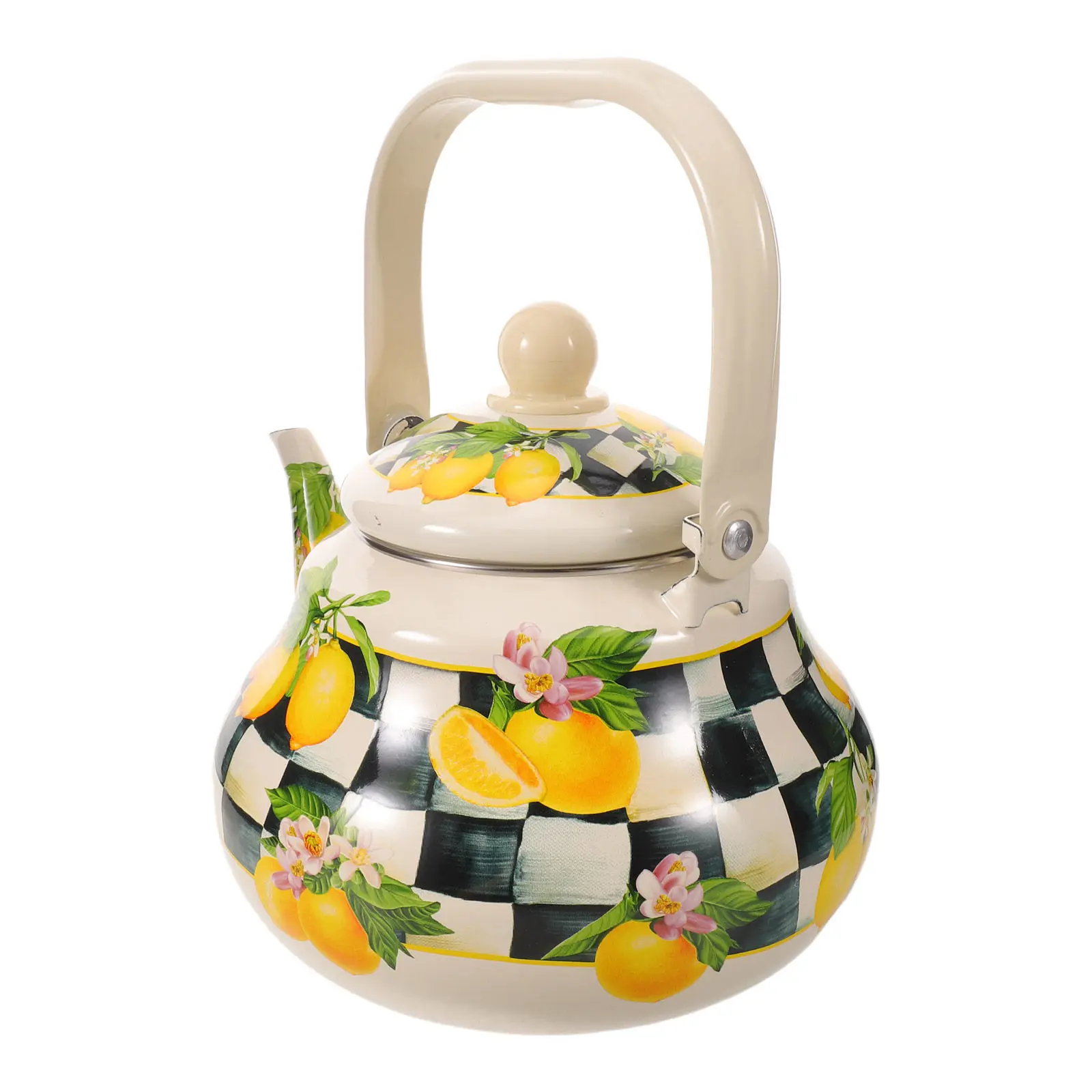 Checkered Enamel Tea Kettle Stove Safe Vintage Lemon Pattern Enameled Steel Teapot Anti-Scald Handle Kitchen Stovetop Decorative