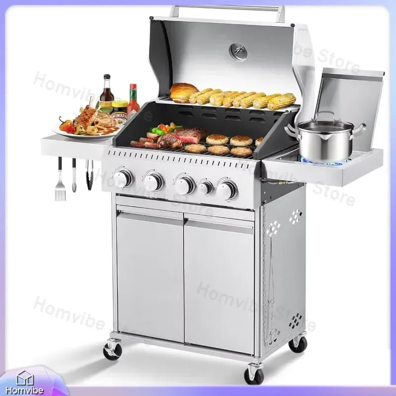 Stainless Steel 4 Burner Propane Gas Grill BBQ with Cast Iron Grates Side Burner Stainless Steel Hood Outdoor Patio Barbecue