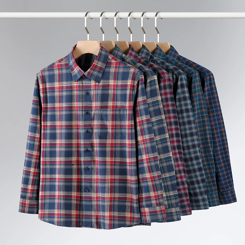 Męskie koszule z długim rękawem, wykonane w 100% z bawełny, z efektem vintage, z pojedynczym kieszeniem, w kratę, o dopasowanym kroju, codzienne, gładkie, miękkie, designerskie ubrania.