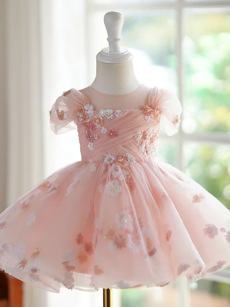 Baby Girl Dress for Party Ball Flower Girl Sequin Pearl embroidery Pink Wedding kids Dresses Children Princess Tutu Dress