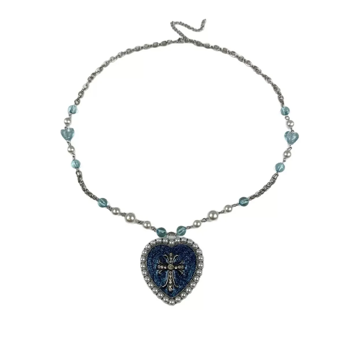 Y2K Hot Girl Stil Blaues Herz Kreuz Perlenkette Nische Retro Metall Halsband Vintage Mode Schlüsselbein Kette Schmuck für Frauen