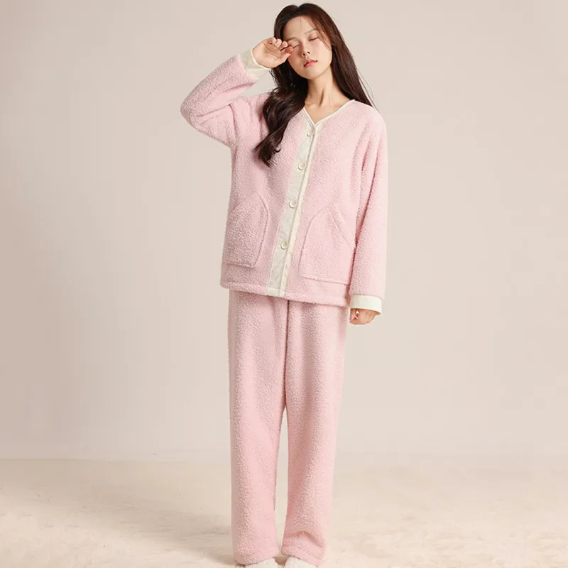 

Warm Sleepwear For Winter Thicken Coral Fleece Sleeping Pajamas Women‘s Home Clothes Loose Flannel Nightwear Pyjamas Femme Set