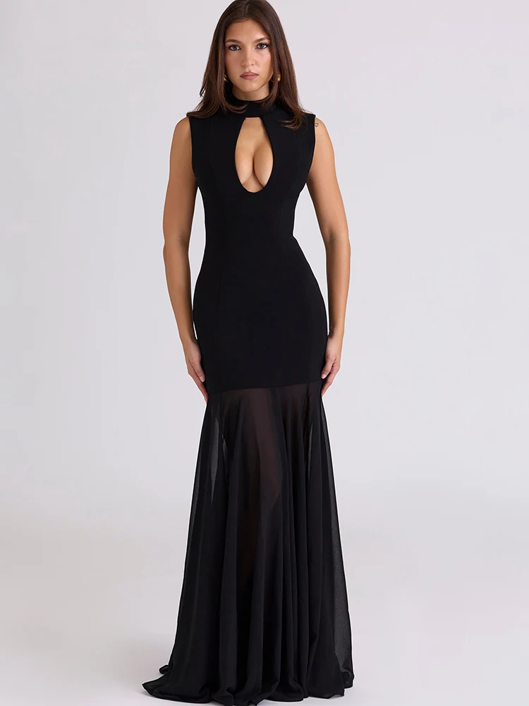 JULISSA MO Turtleneck Patchwork Sexy Hollow Out Mesh Women Maxi Dress Autumn Sleeveless See Through Elegant Party Evening Dress