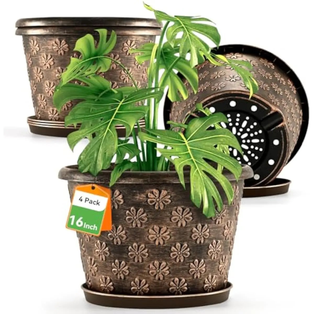 16 Inch Resin Planter Pots with Drainage Holes and Removable Saucers – Lightweight UV Resistant Outdoor Indoor Garden Containers