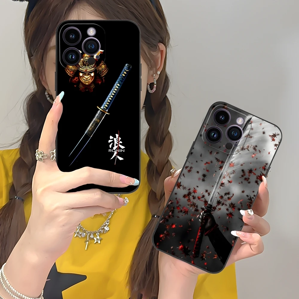 Katana Samurai Ronin Mobile Cell Phone Case for iPhone 16 15 14 13 12 11 X XR XS 8 7 Pro Max Plus Mini Black Phone Cover Shell