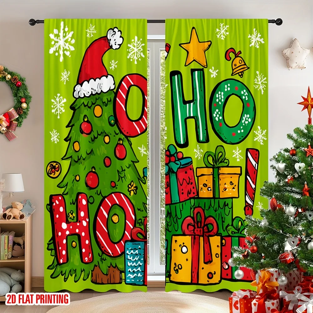 Christmas Ho Ho Ho Curtains, Green Tree Gift Box Graphic Window Drapes, Xmas Holiday Decor, Blackout Fabric for Living Room