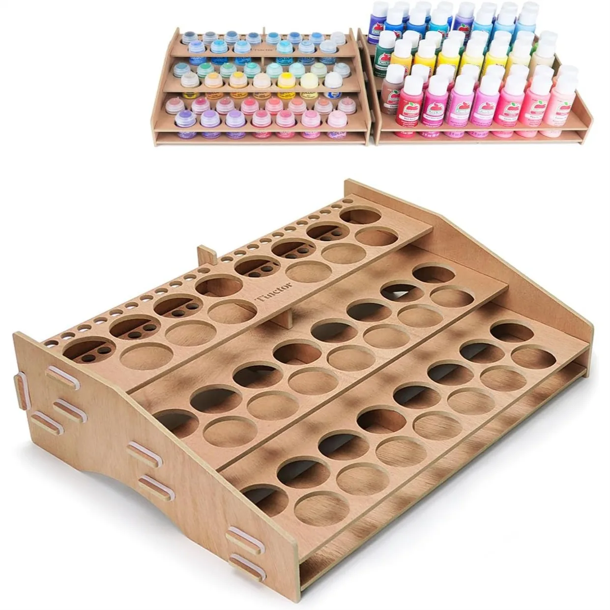 

Wooden Paint Organizer for 44 Bottles & 22 Brushes, Craft Acrylic Miniature Paint Rack with Step Design