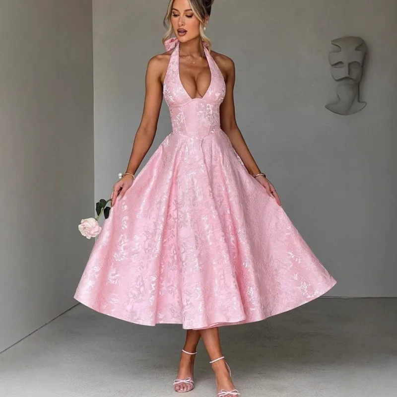 

Elegant V-neck Halter Tie-up Jacquard Party Dress Women Backless Pleated A-line Cocktail Prom Gowns Sexy Robes New Long Vestidos