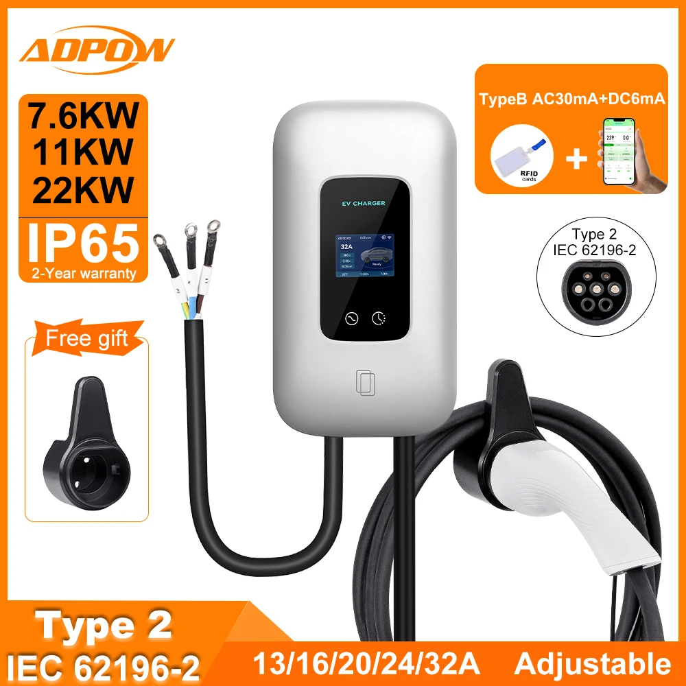 ADPOW EV Charger 32A 7.6KW Electric Vehicle Car Charger EVSE Wallbox 11KW 22KW 3Phase Type2 Cable IEC62196-2 Socket APP Control