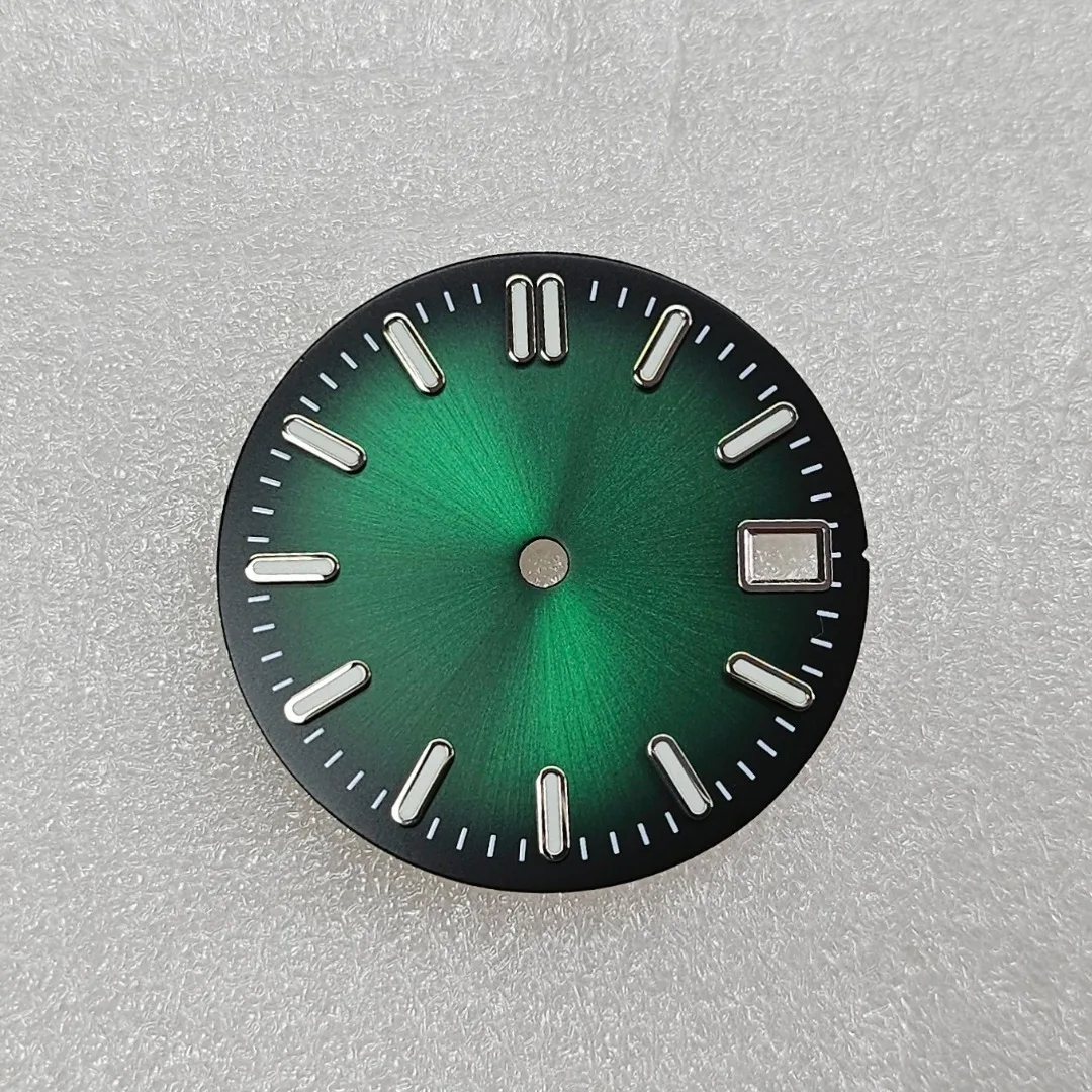 Esfera de reloj de 28,5mm con textura Sunburst, caras de reloj con calendario de fecha única, accesorios de reloj luminosos verdes para movimientos NH35/NH36