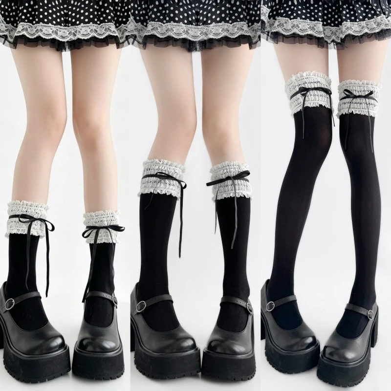 Japanese Kawaii White Mid Calf Stacked Socks Ruffled Lace Edge Bowknot Decor Sweet Lolita Soft Girls Daily Casual Leg Hosiery