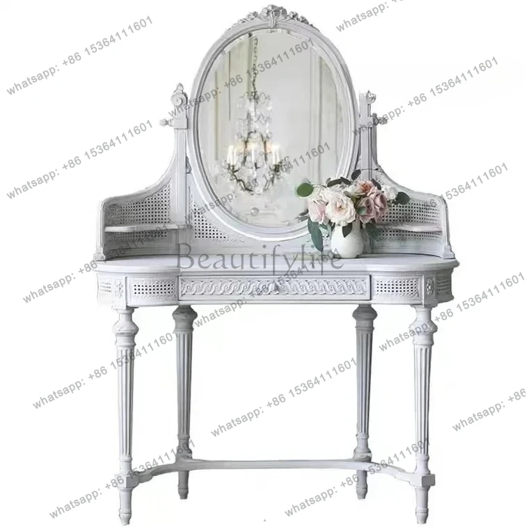 

French retro solid wood carving flower white rattan art dresser American bedroom curved old dressing table
