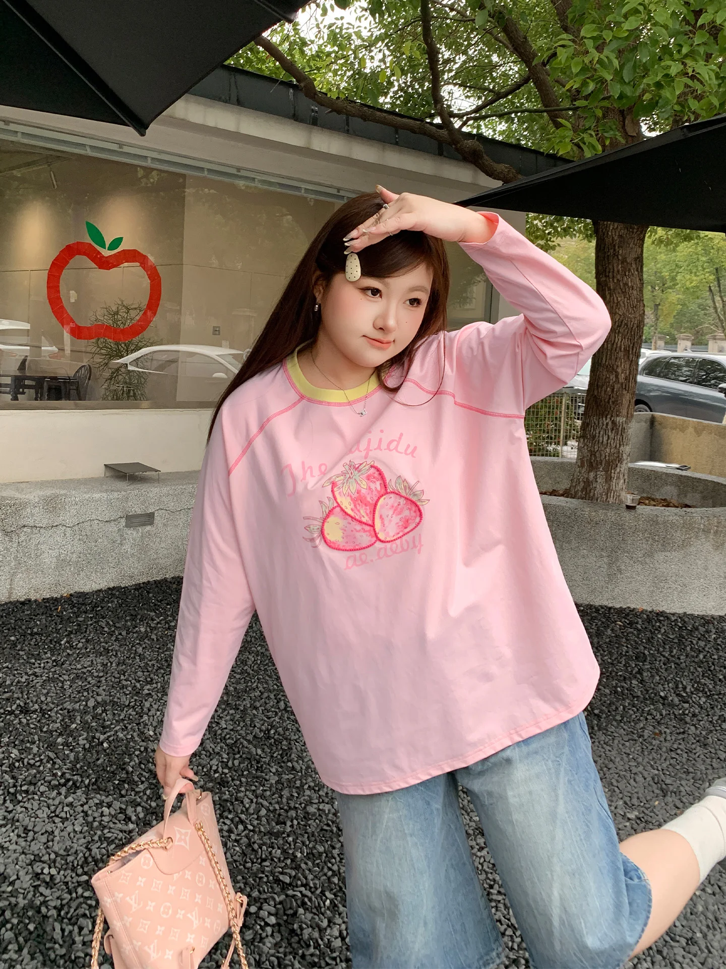 

YUZI Long Sve T-irt Stberry Chain Embroidery High Elastic Loose Pink Sweet plus Size Women's Faion Spring Cotton Po...