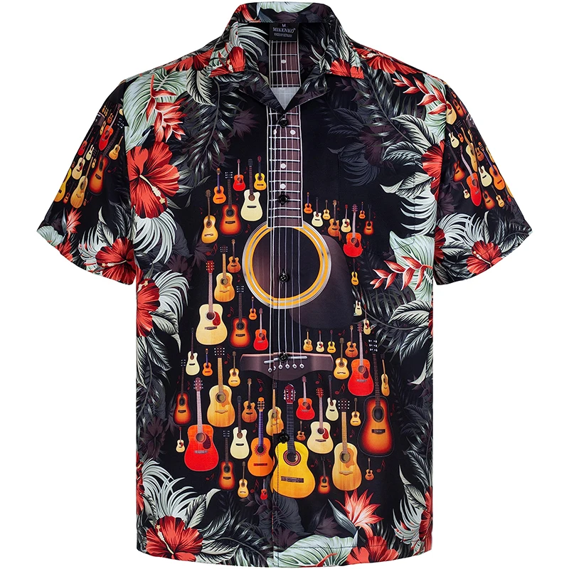 Mens Hawaiian Beach Shirt 3d Print Guitar Pattern Alho Shirts Short Sleeves Button Down Mens Oversized Blouse Shirts Tops