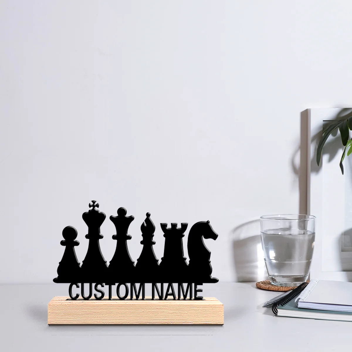 1pc Minimalist chess Custom Letter Metal Statue Metal Ornament Handicraft With Wood Base Iron Sculpture For Boys Gifts