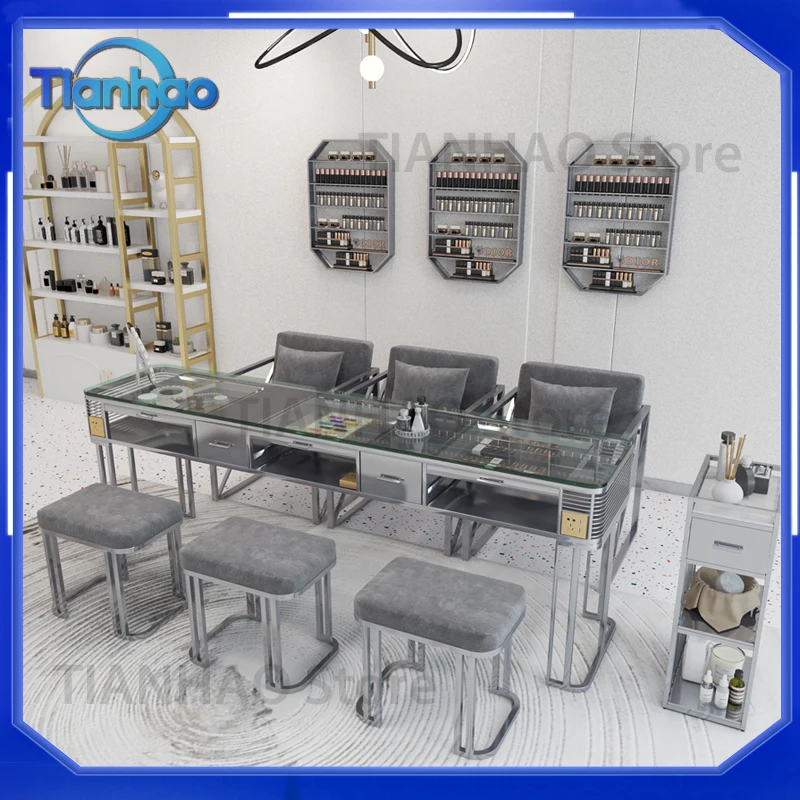 Silver gray manicure table and chair set single double triple table glass surface light luxury