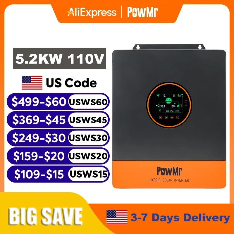 

PowMr 5 кВт разделенный фазовый инвертор 110 В 48 В в сети от сети Чистая синусоида Гибридный солнечный инвертор с зарядным устройством MPPT 100 А