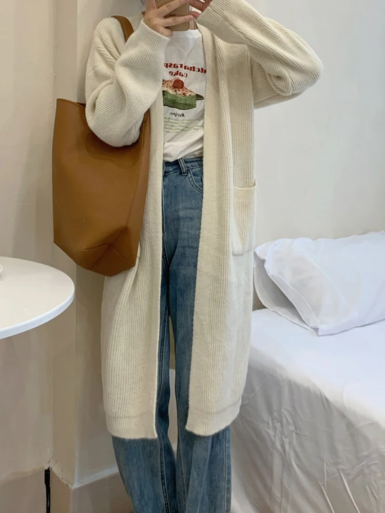 

Женский осенний кардиган K-Fashion, простой, однотонный, с длинными рукавами, с открытой передней частью, стандартный крой, повседневный базовый, с карманами