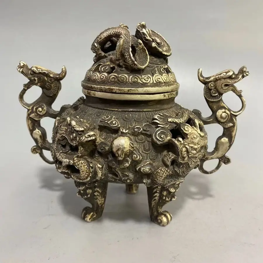 Vintage Tibetan Silver Incense Burner Nine 9 Dragon Censer Bring Fortune Mascot Home Ornament