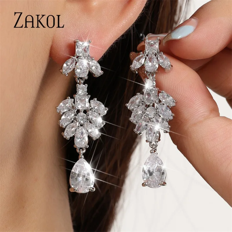 ZAKOL Shinny Water Drop Long Dangle Earrings For Women Cubic Zirconia Leaf Bridal Earring Wedding Jewelry