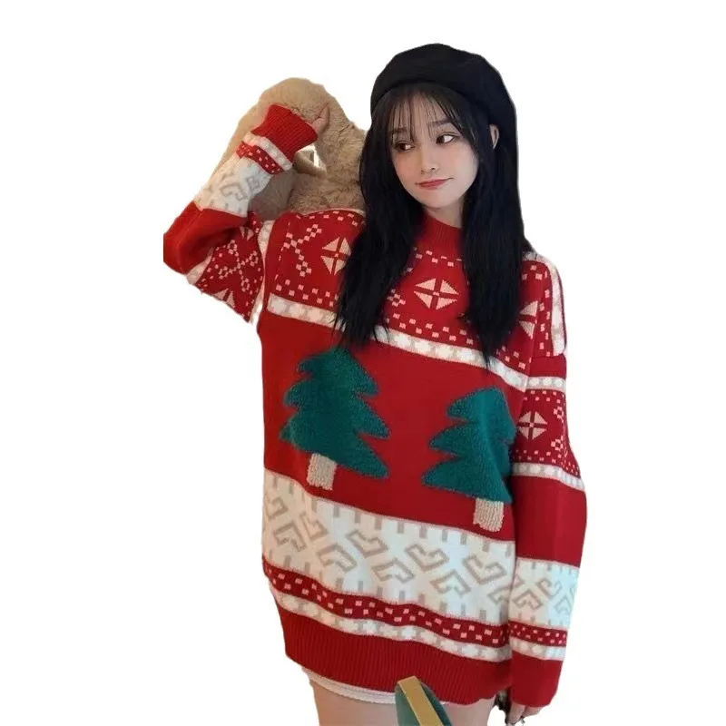 Christmas Atmosphere Sweater Feminine Temperament Versatile Sweater Lazy Round Neck Pullover Autumn Winter Knitted Sweater Top