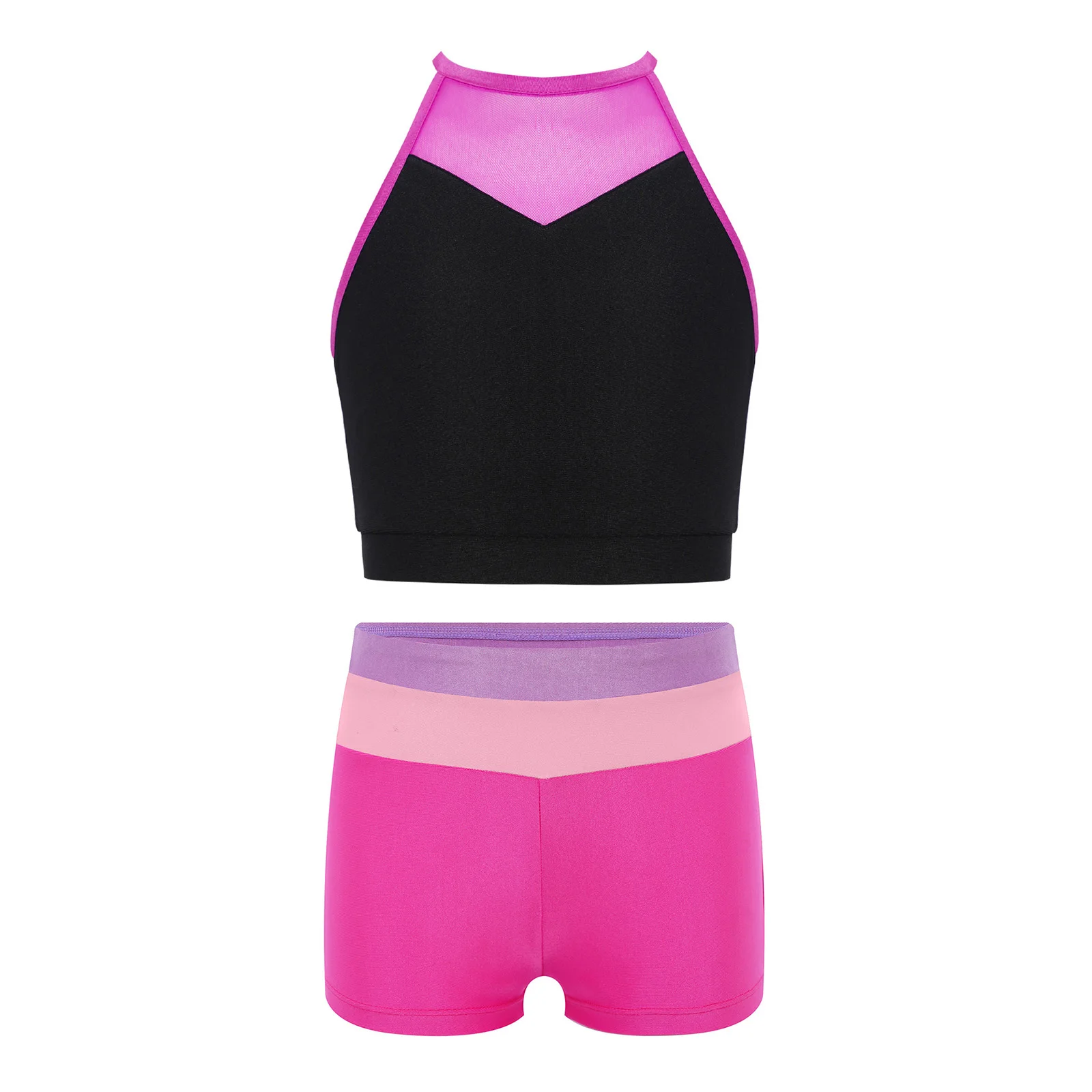 

Kids Girls Gymnastics Dance Sports Outfit Sheer Mesh Patchwork Crop Top with Elastic Waistband Shorts for Yoga Workout Cycling