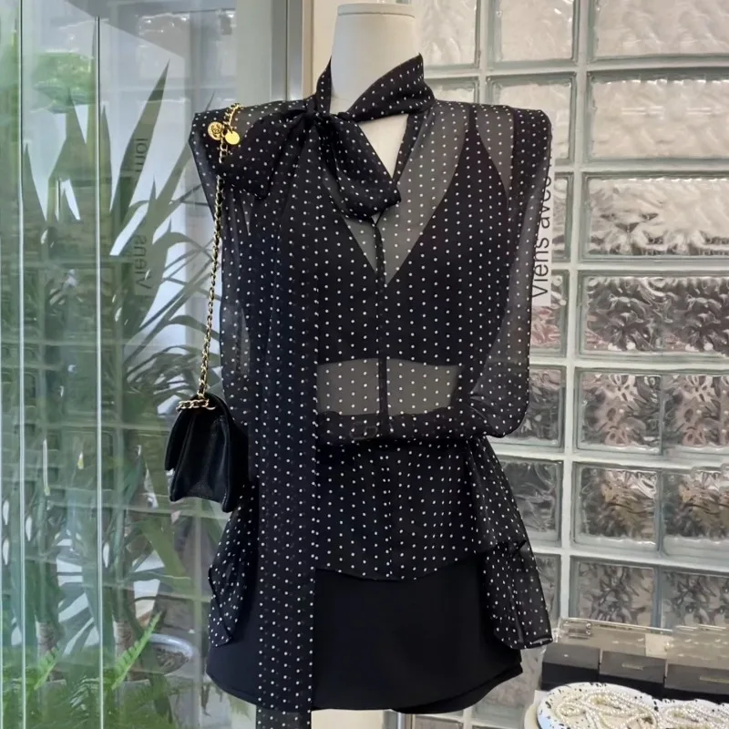 

Black Blouses Summer Trend Dot Shirt Women Fashion Slim Waist Blusas Mujer Vintage Chiffon Chemise Femme Blouse Camisas