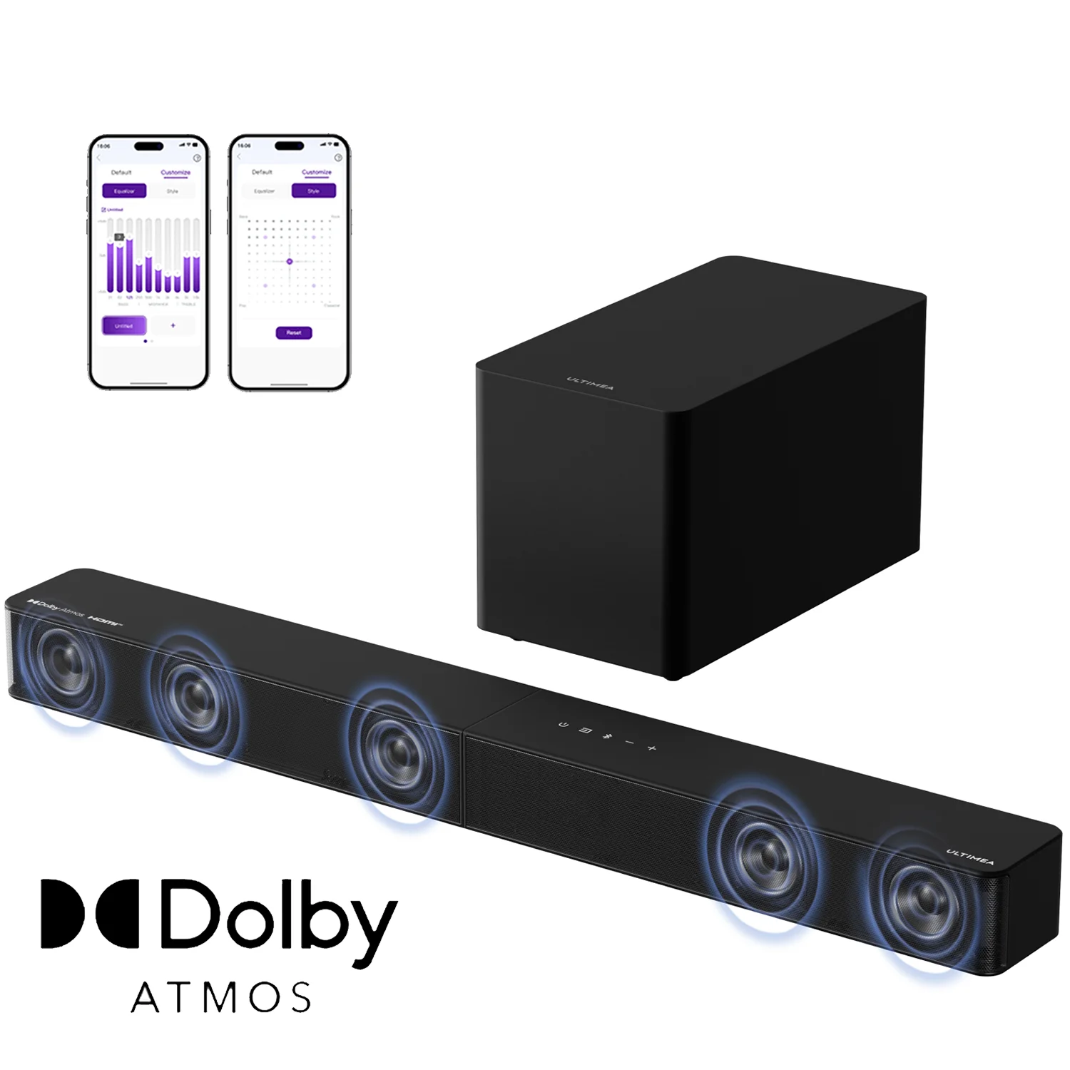ULTIMEA 5.1 Soundbar met Dolby Atmos, 3D Surround Soundbar voor TV met draadloze subwoofer, APP-bediening, Home Theater TV