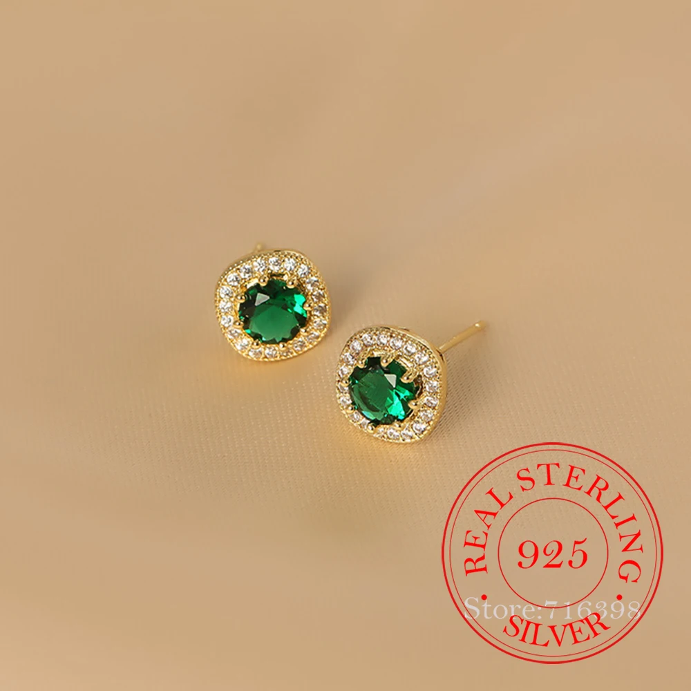 

Korean 925 Sterling Silver Green Round Zircon Crystal Stud Earrings for Women S925 Wedding Party Jewelry Gift Aretes De Mujer