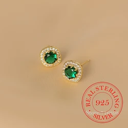 Korean 925 Sterling Silver Green Round Zircon Crystal Stud Earrings for Women S925 Wedding Party Jewelry Gift Aretes De Mujer