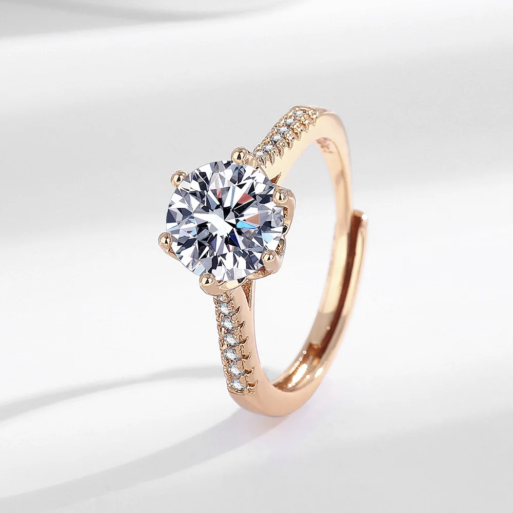 Light Luxury 2 Carat 925 Sterling Silver Champagne Gold Sparkling Zircon Ladies Banquet Elegant Calm Ring