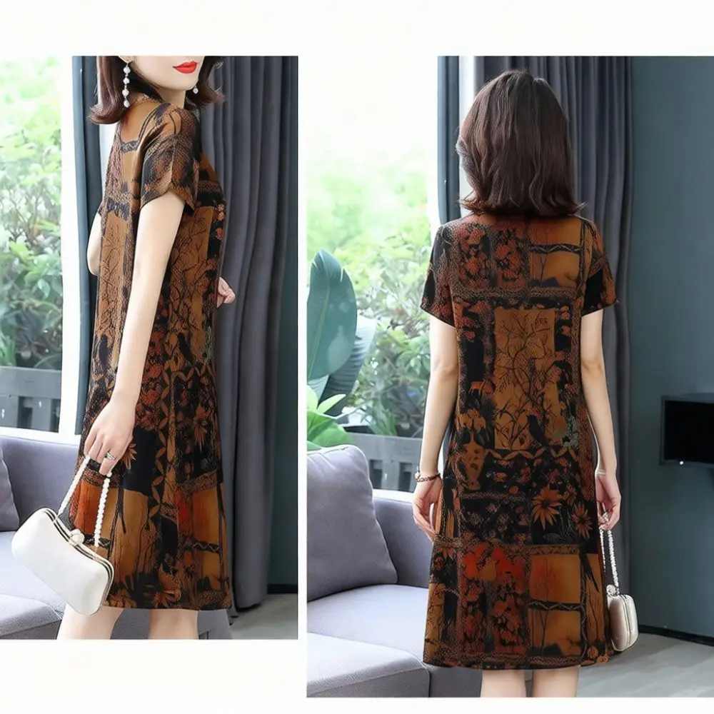 Summer Casual Midi Dress Retro Floral Print Women Short Sleeve Clothing Soft Breathable Loose Fit Comfortable Mother Dress