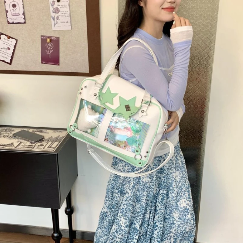 Preppy Kawaii Girls Shoulder Ita Bags Patchwork Star All Match Transparent Handbags Y2k Aesthetic Chic Women Trendy Underarm Bag