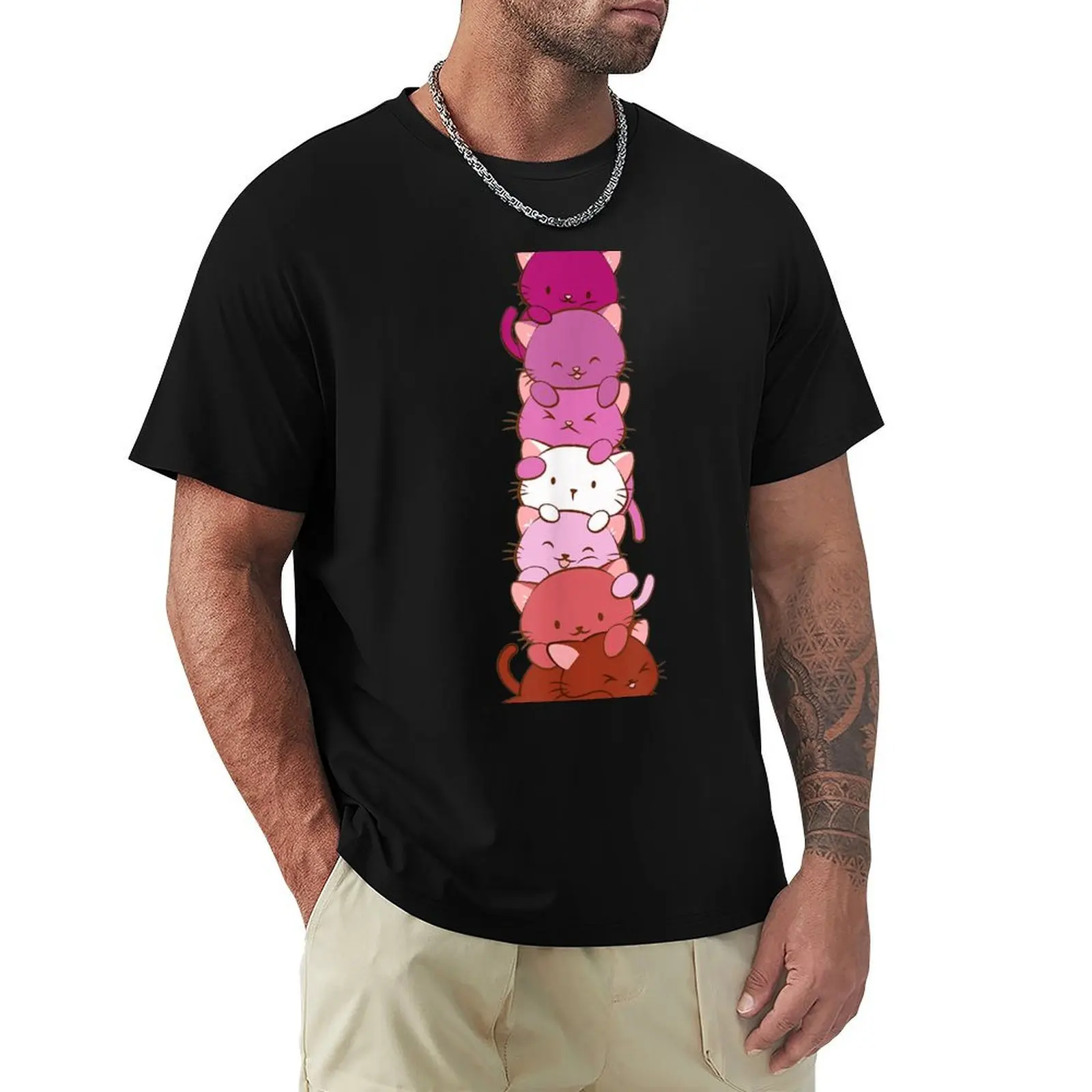 Lesbian Pride Flag Cute Pink Kawaii Cat Stack Anime Art T-Shirt essential t shirt T-Shirt
