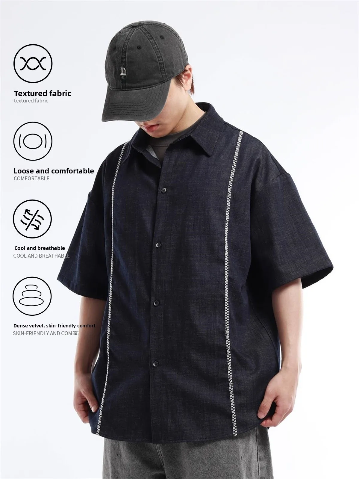 Summer 2026 New Loose Fit Short Sleeve Men's Denim Shirt Vintage Turn-down Collar Open Cardigan Casual Shirt Breathable Polye...